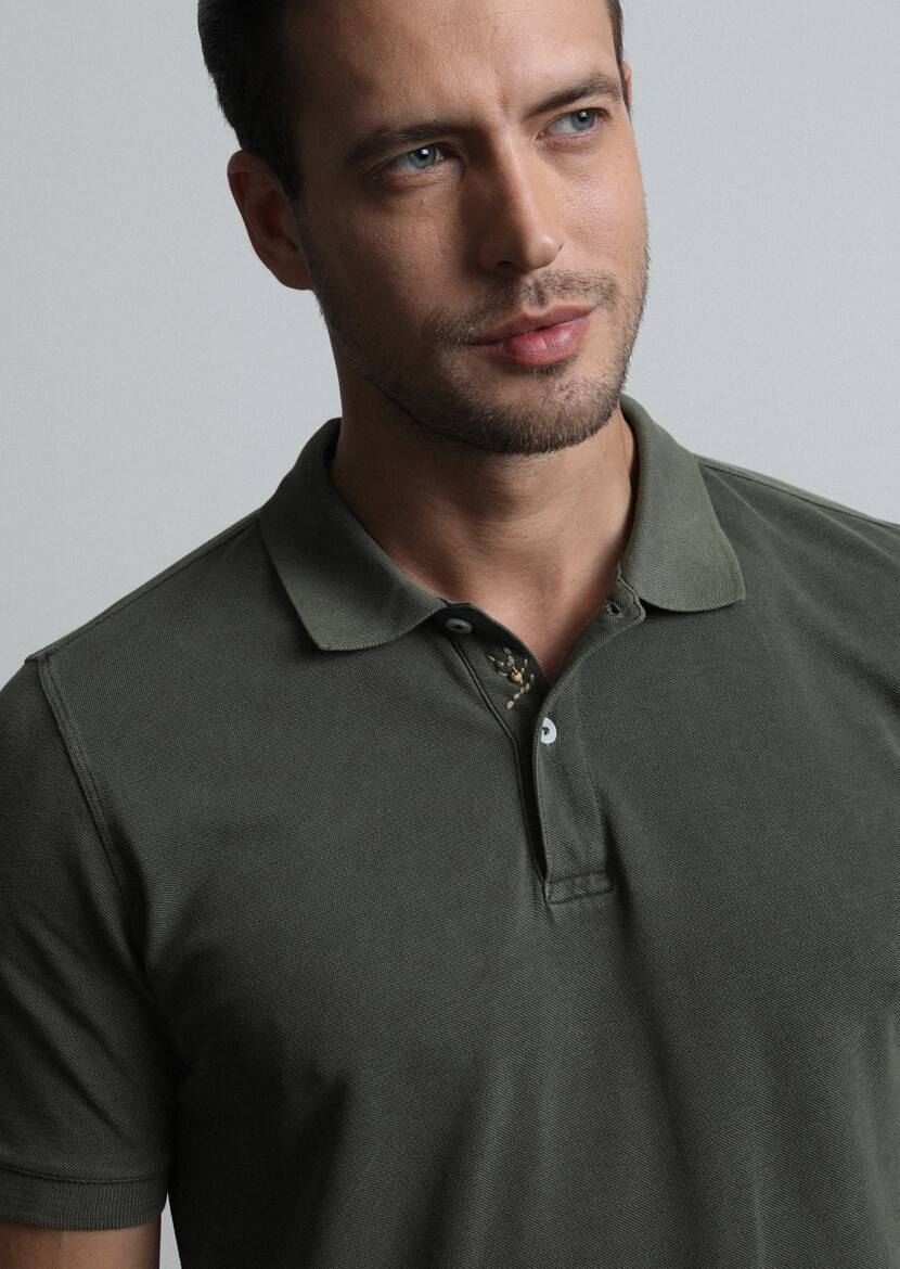Khaki Jacquard Polo Neck 100% Cotton T-Shirt 