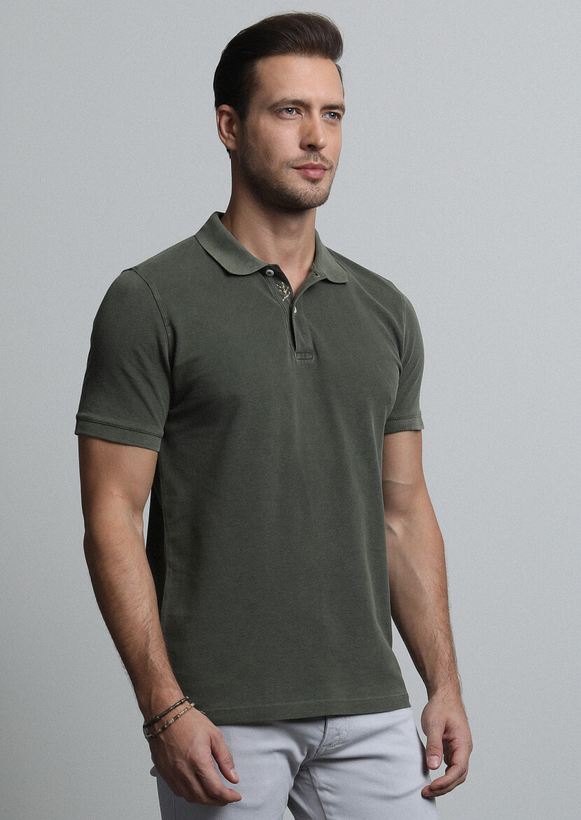 Khaki Jacquard Polo Neck 100% Cotton T-Shirt - 3