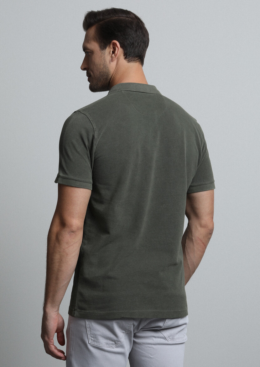 Khaki Jacquard Polo Neck 100% Cotton T-Shirt - 5