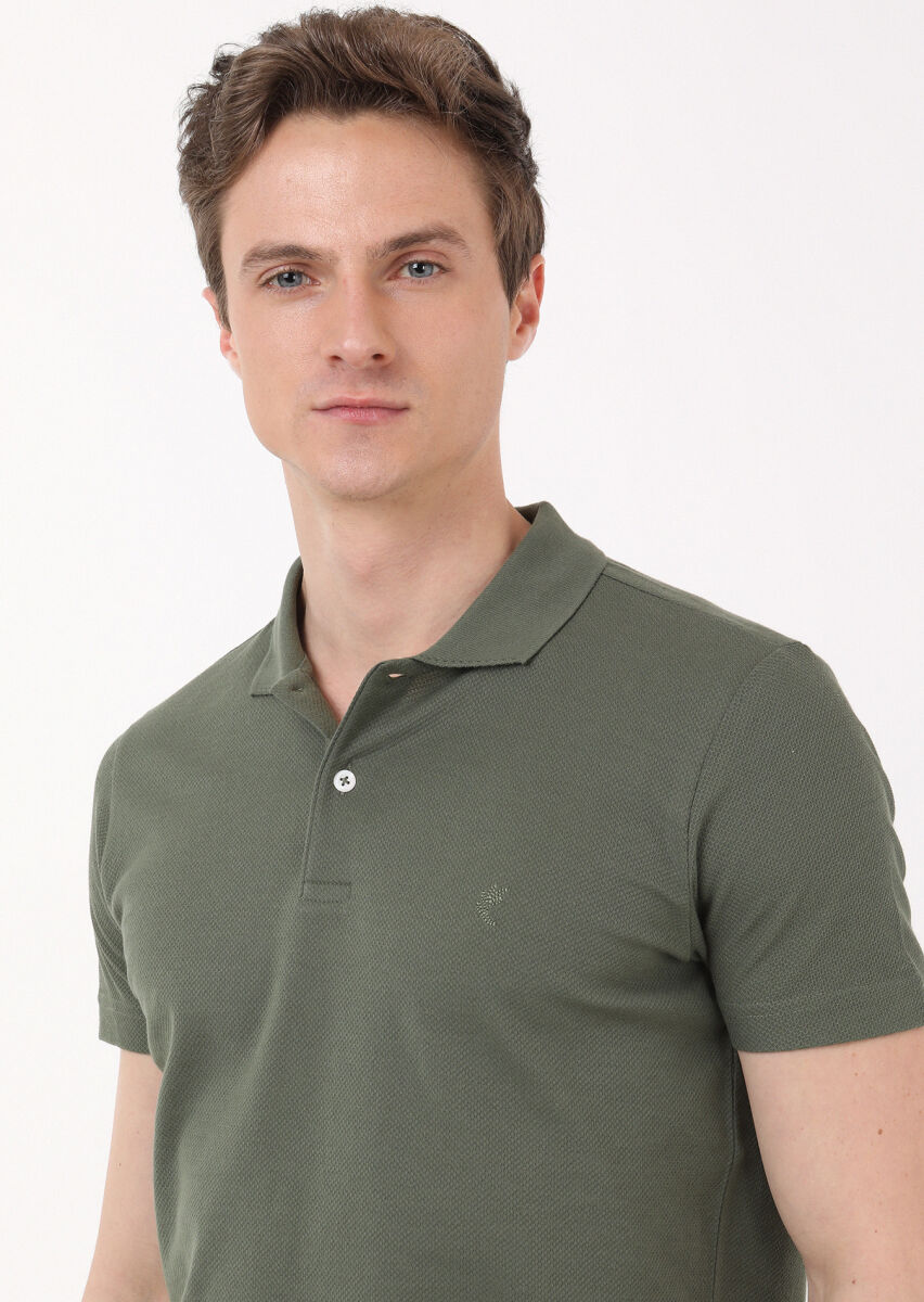 Khaki Jacquard Polo Neck 100% Cotton T-Shirt - 2