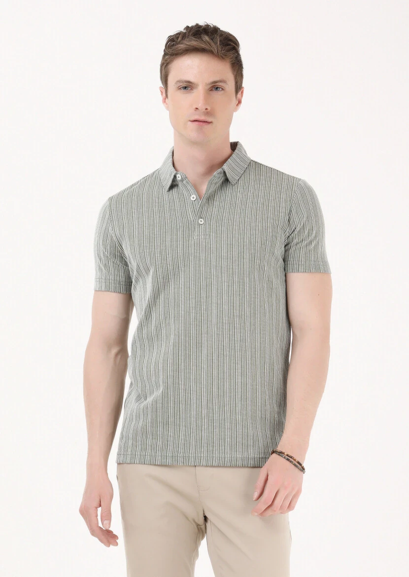 Khaki Jacquard Polo Neck 100% Cotton T-Shirt - 1