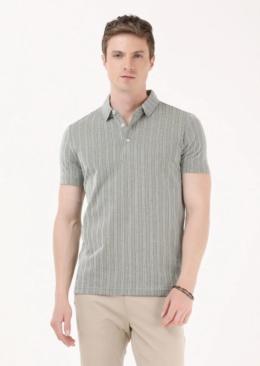 Khaki Jacquard Polo Neck 100% Cotton T-Shirt - 1