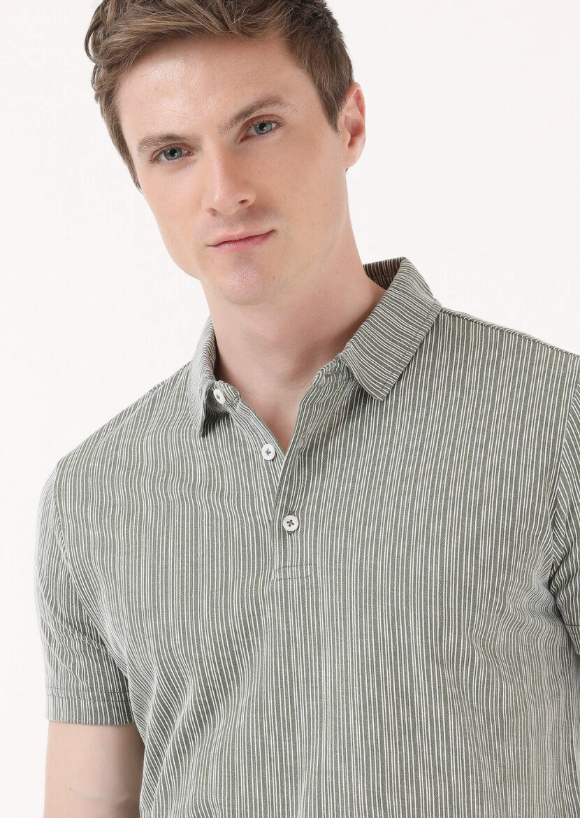 Khaki Jacquard Polo Neck 100% Cotton T-Shirt 