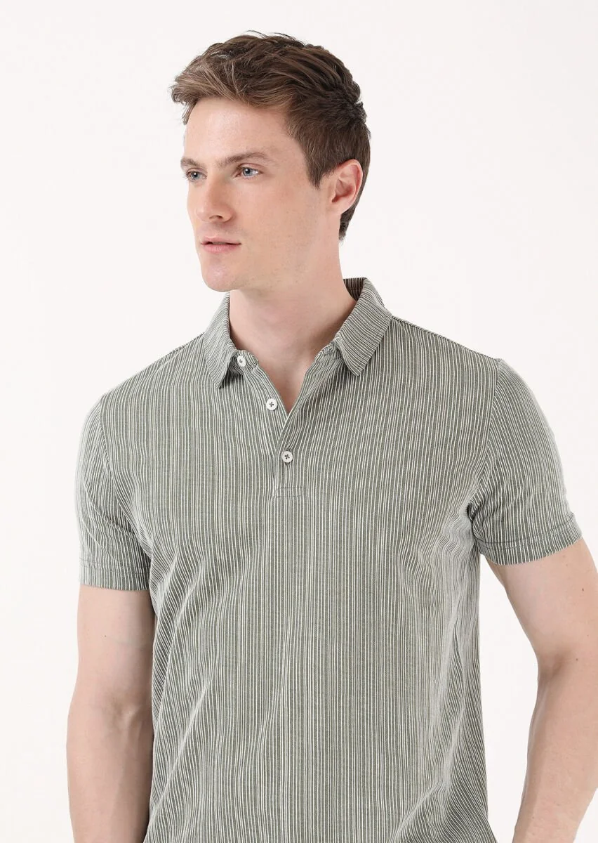 Khaki Jacquard Polo Neck 100% Cotton T-Shirt - 4