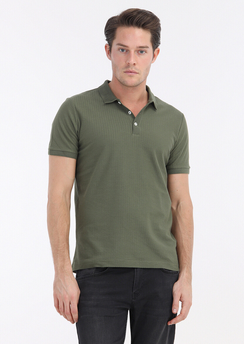 Khaki Jacquard Polo Neck 100% Cotton T-Shirt - 2