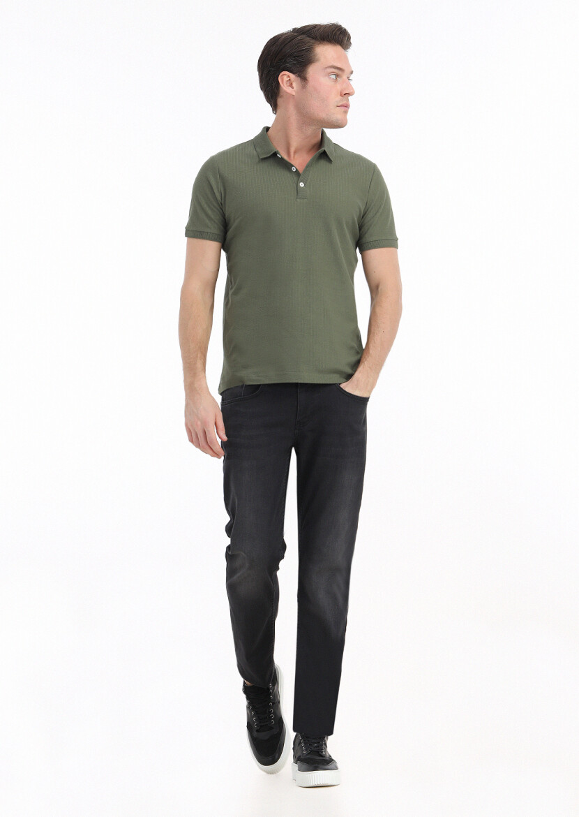 Khaki Jacquard Polo Neck 100% Cotton T-Shirt - 1