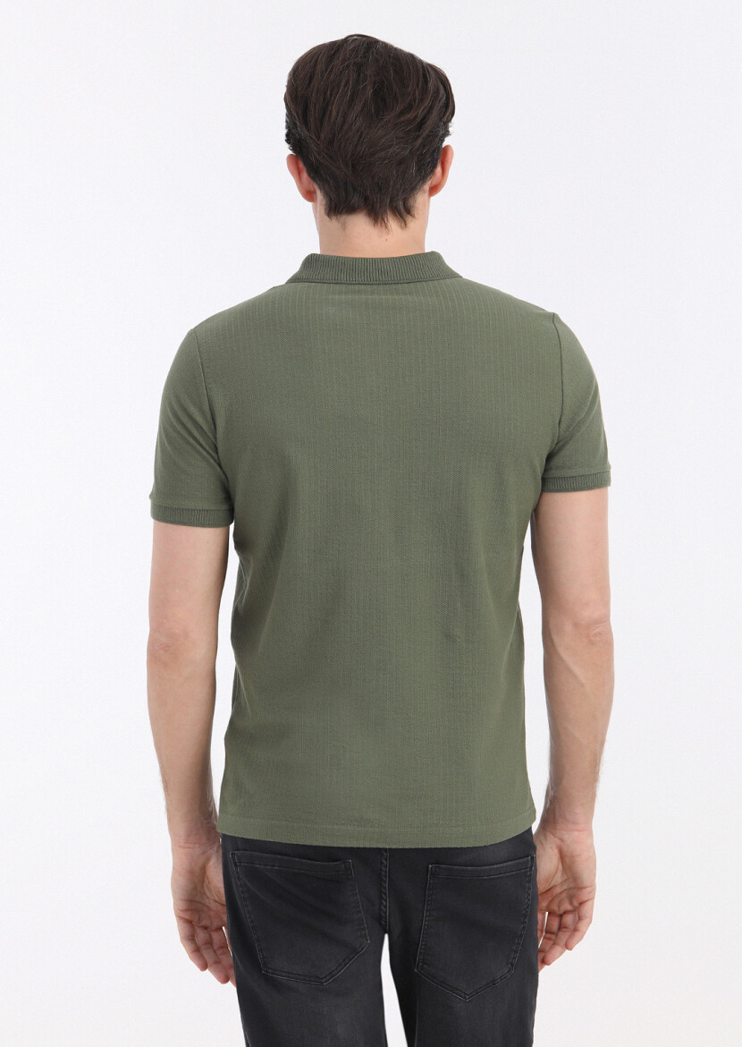 Khaki Jacquard Polo Neck 100% Cotton T-Shirt - 4