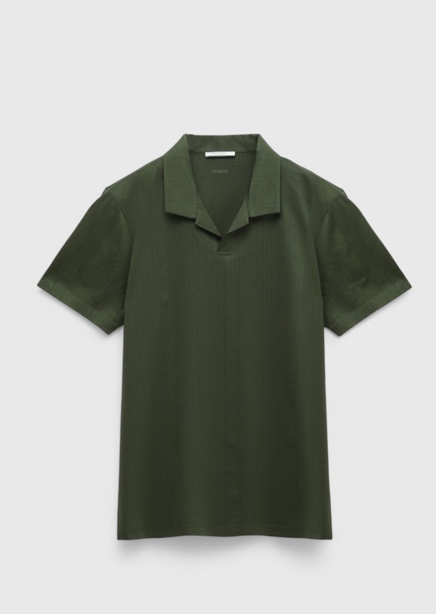Khaki Jacquard Polo Neck 100% Cotton T-Shirt - 8