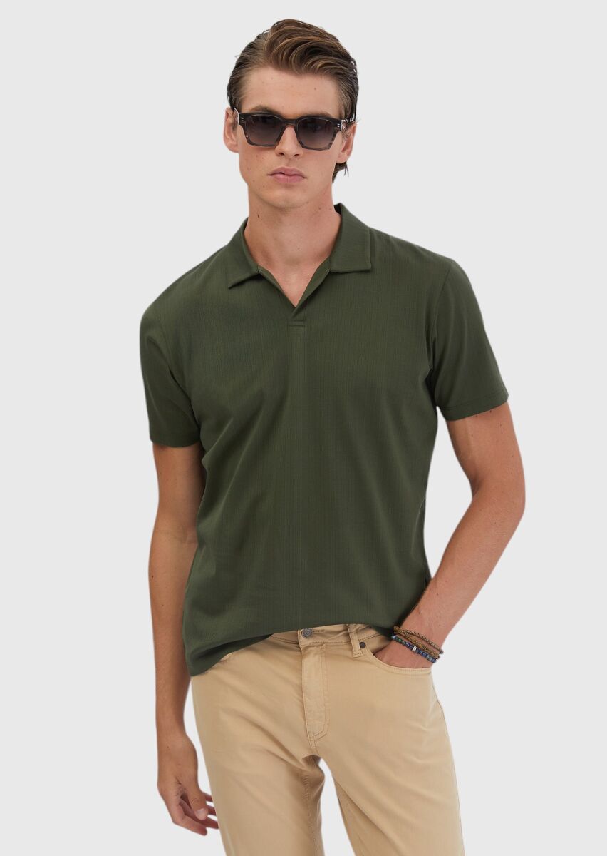 Khaki Jacquard Polo Neck 100% Cotton T-Shirt - 1