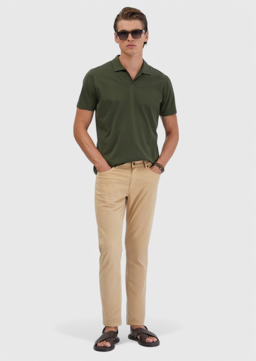 Khaki Jacquard Polo Neck 100% Cotton T-Shirt - 2