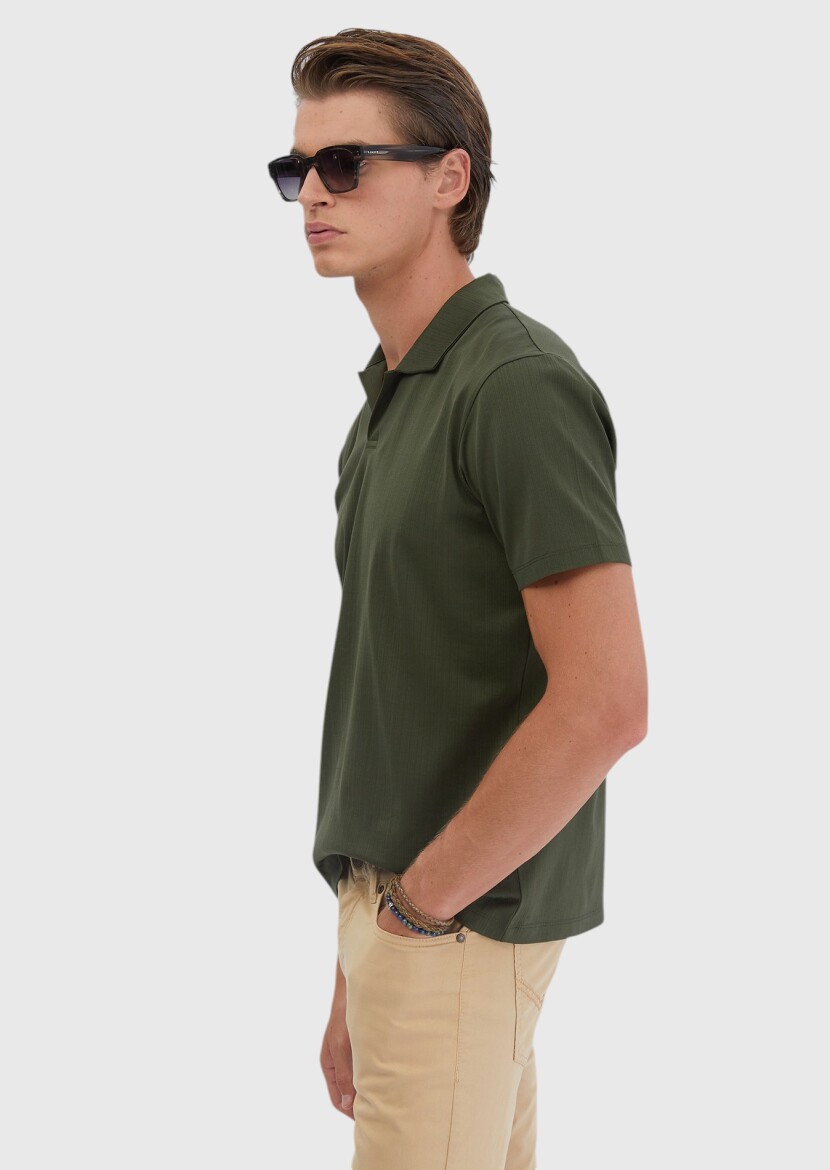 Khaki Jacquard Polo Neck 100% Cotton T-Shirt - 3