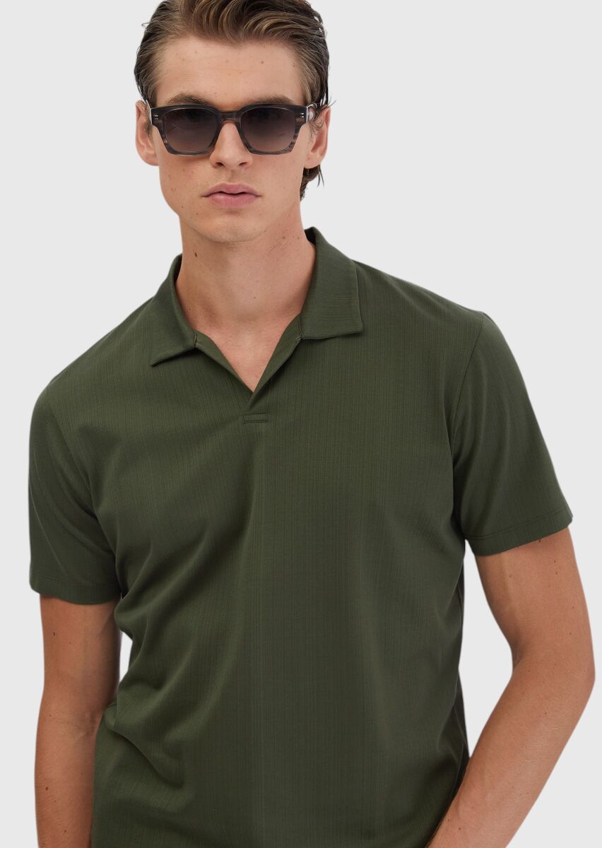 Khaki Jacquard Polo Neck 100% Cotton T-Shirt - 4