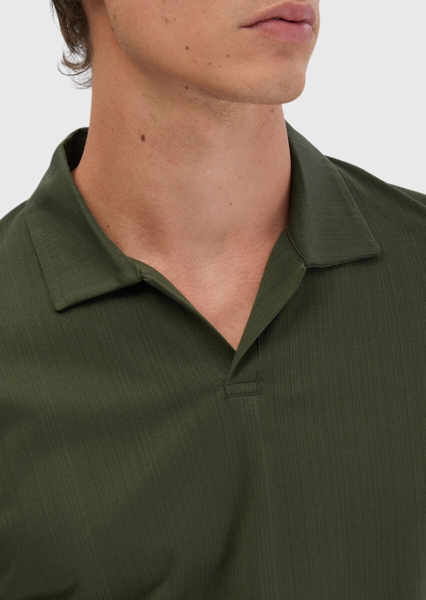 Khaki Jacquard Polo Neck 100% Cotton T-Shirt - 5