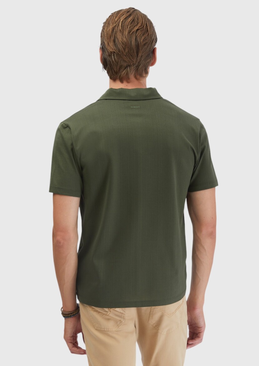 Khaki Jacquard Polo Neck 100% Cotton T-Shirt - 7