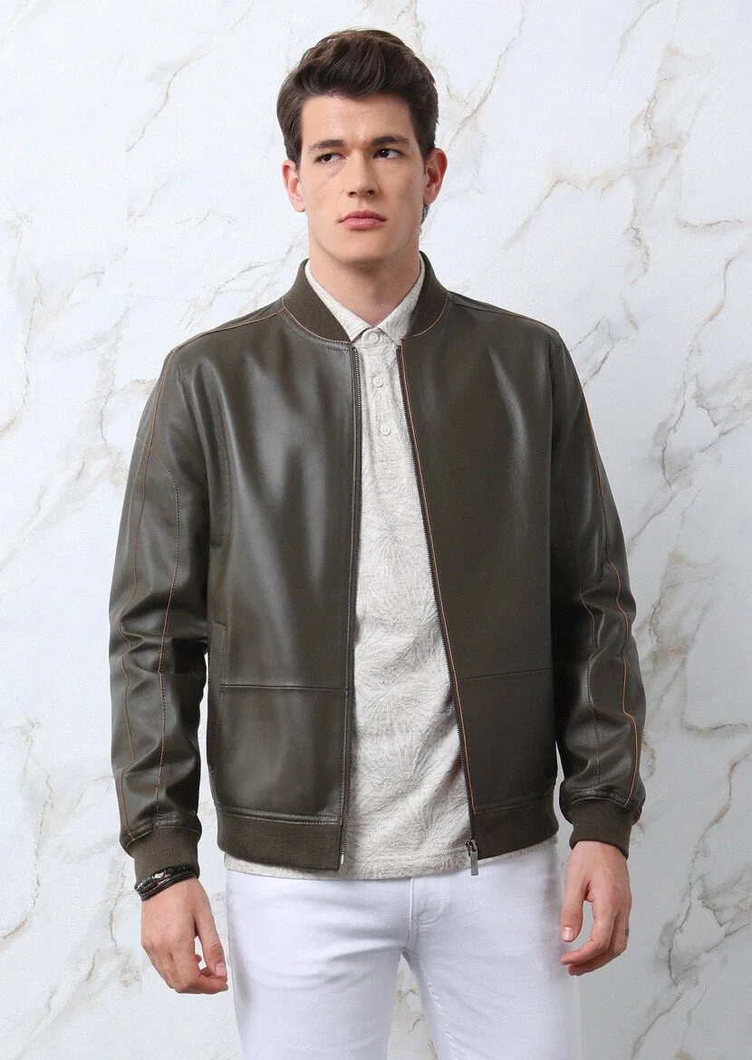 Khaki Leather Leather Coat - 1