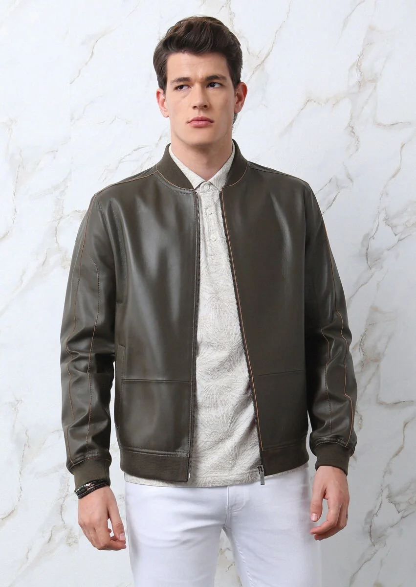 Khaki Leather Leather Coat - 1