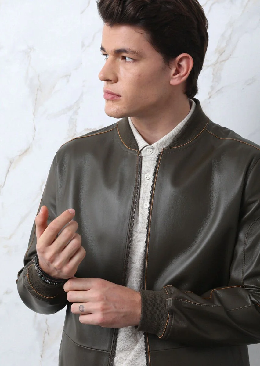 Khaki Leather Leather Coat - 2