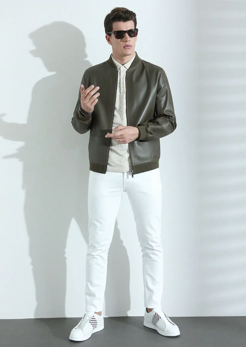 Khaki Leather Leather Coat - 3