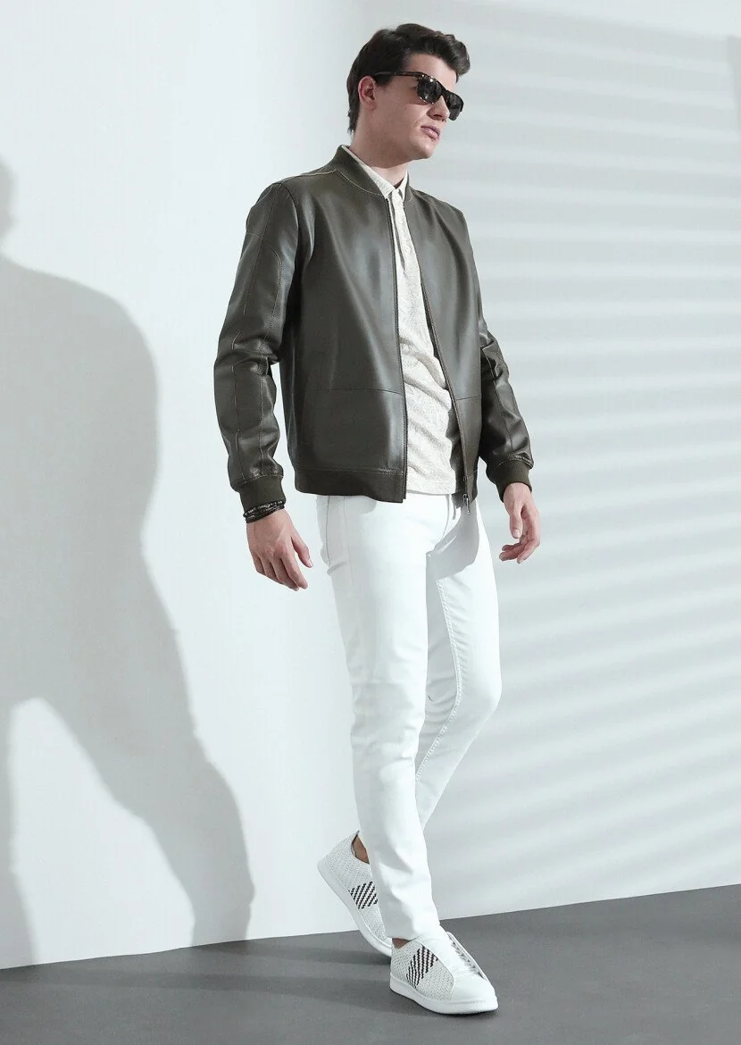 Khaki Leather Leather Coat - 4