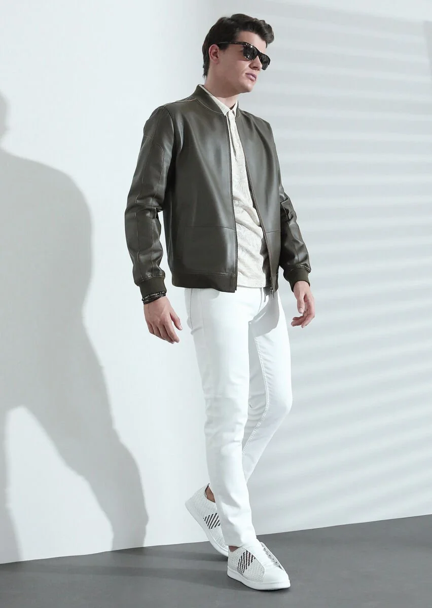 Khaki Leather Leather Coat - 4