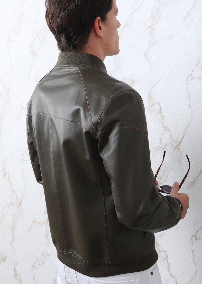 Khaki Leather Leather Coat - 5