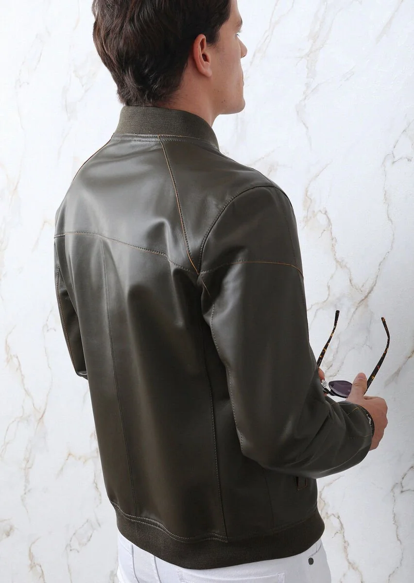 Khaki Leather Leather Coat - 5