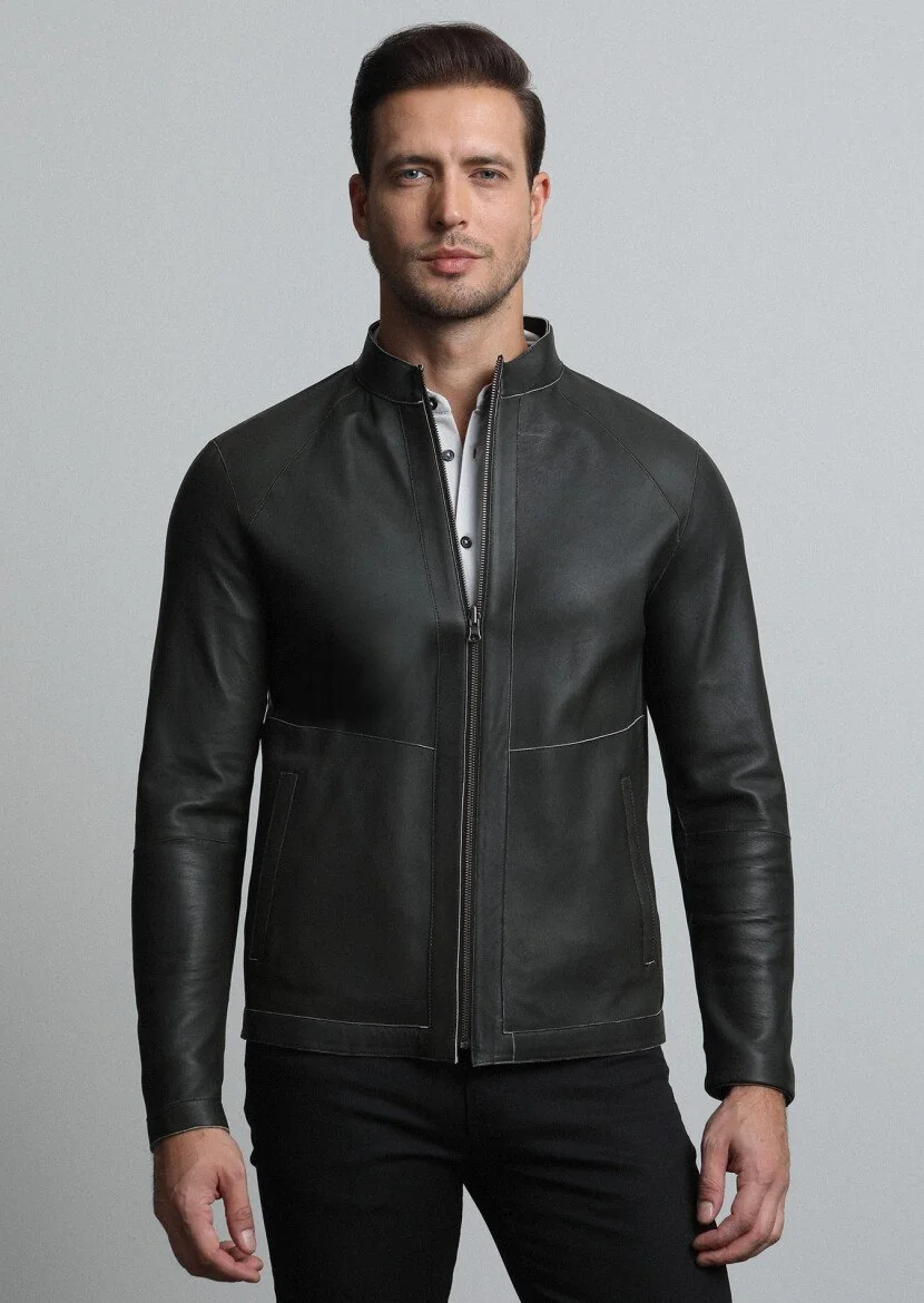 Khaki Leather Leather Coat - 2