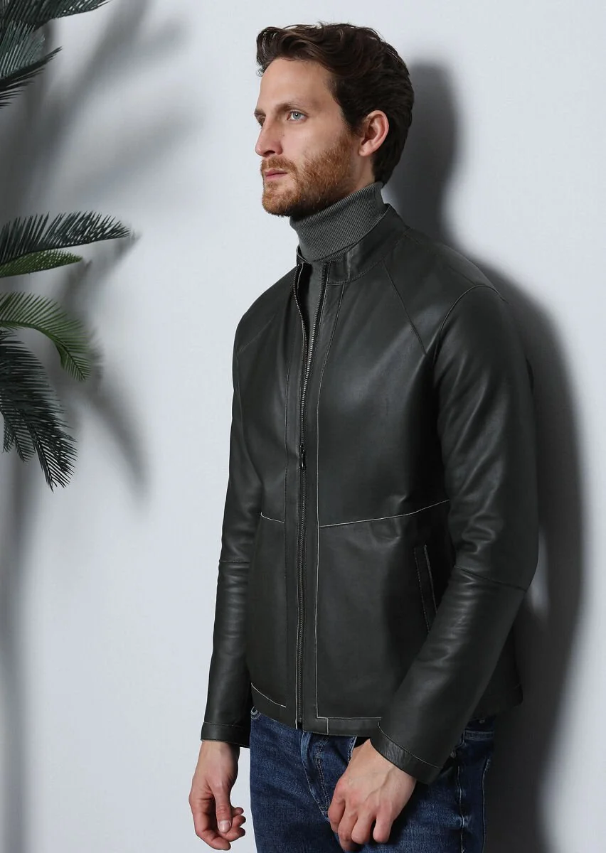 Khaki Leather Leather Coat - 4
