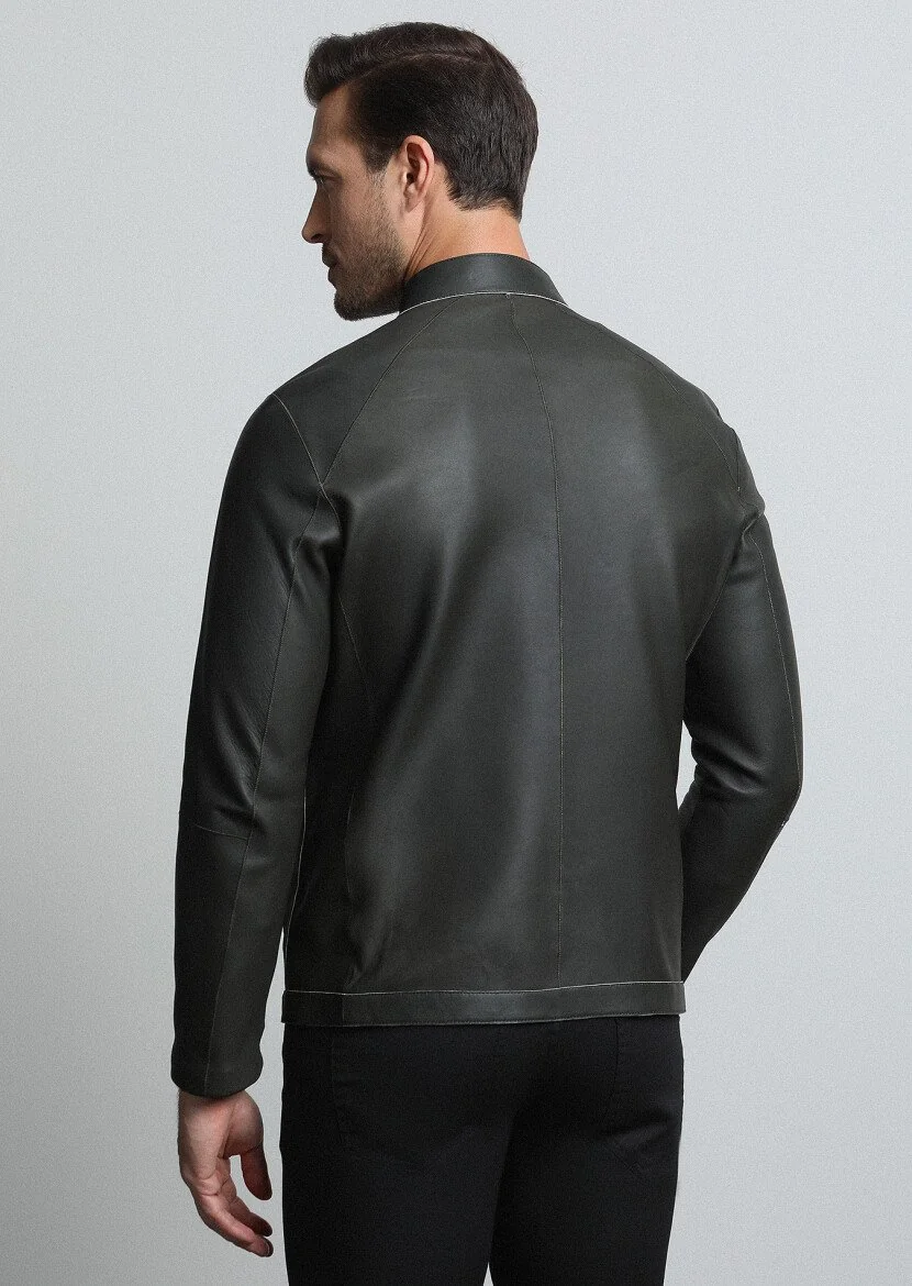 Khaki Leather Leather Coat - 5