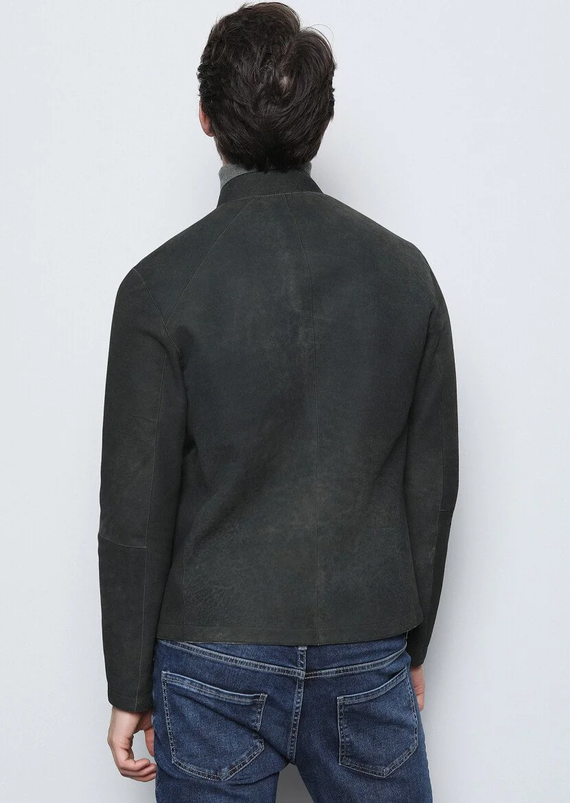 Khaki Leather Leather Coat - 6