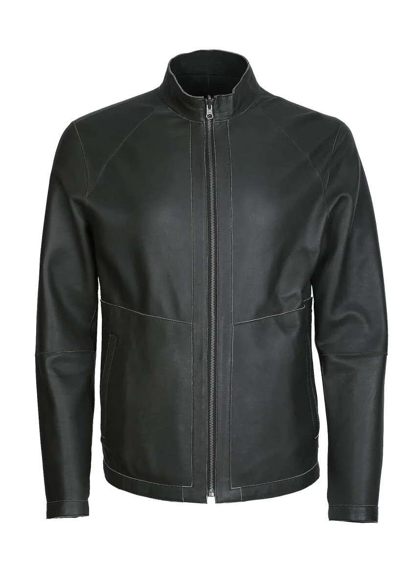 Khaki Leather Leather Coat - 8
