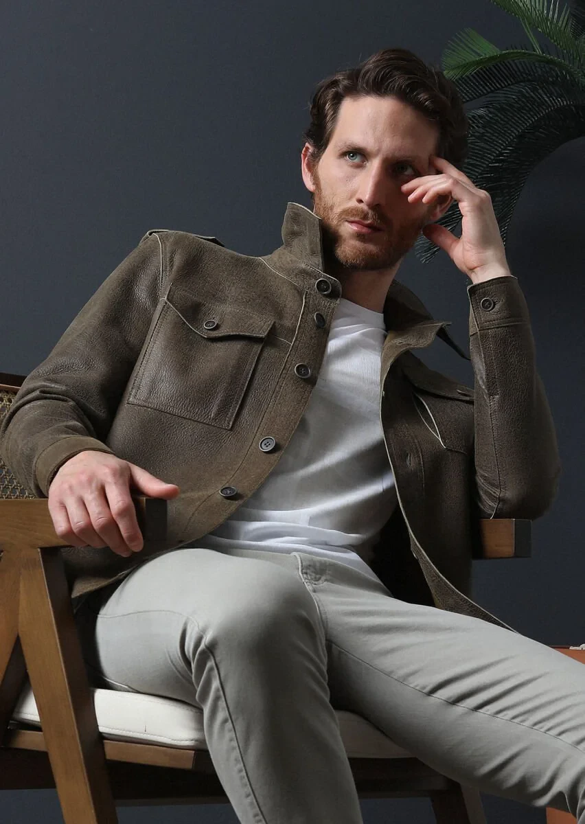 Khaki Leather Leather Coat - 1