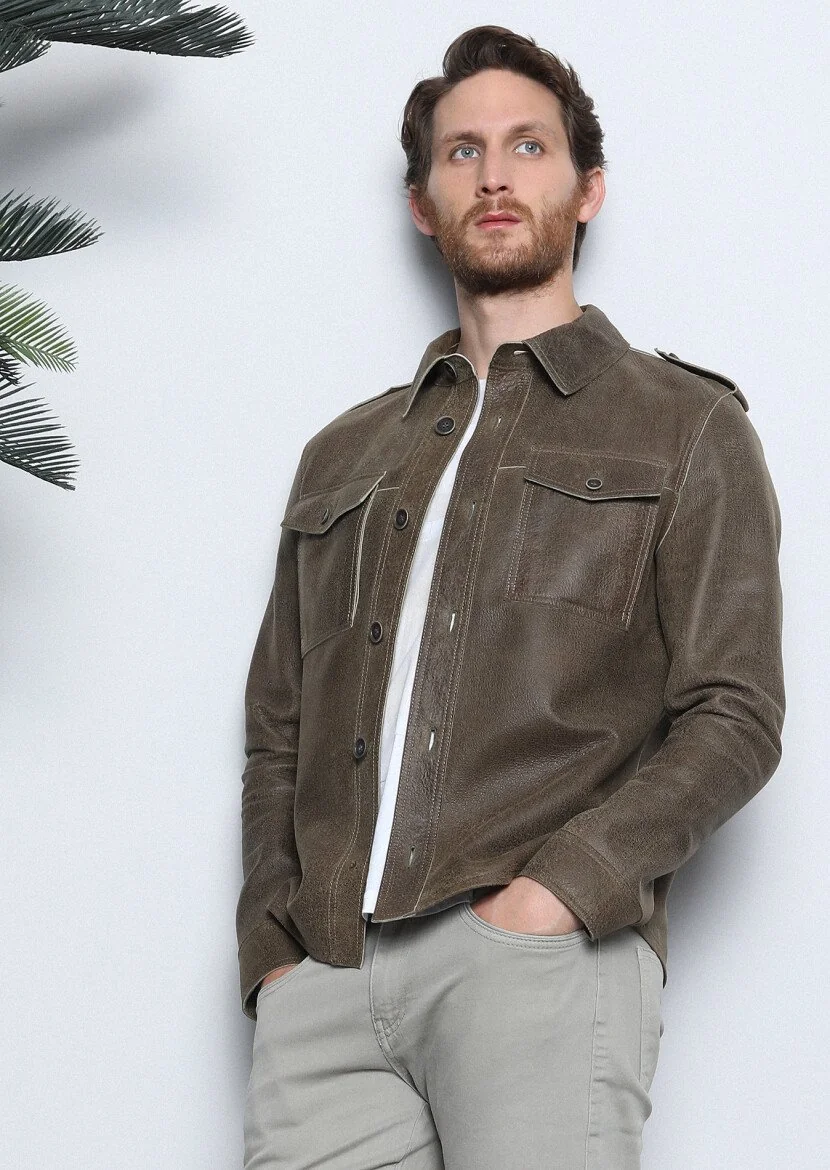 Khaki Leather Leather Coat 