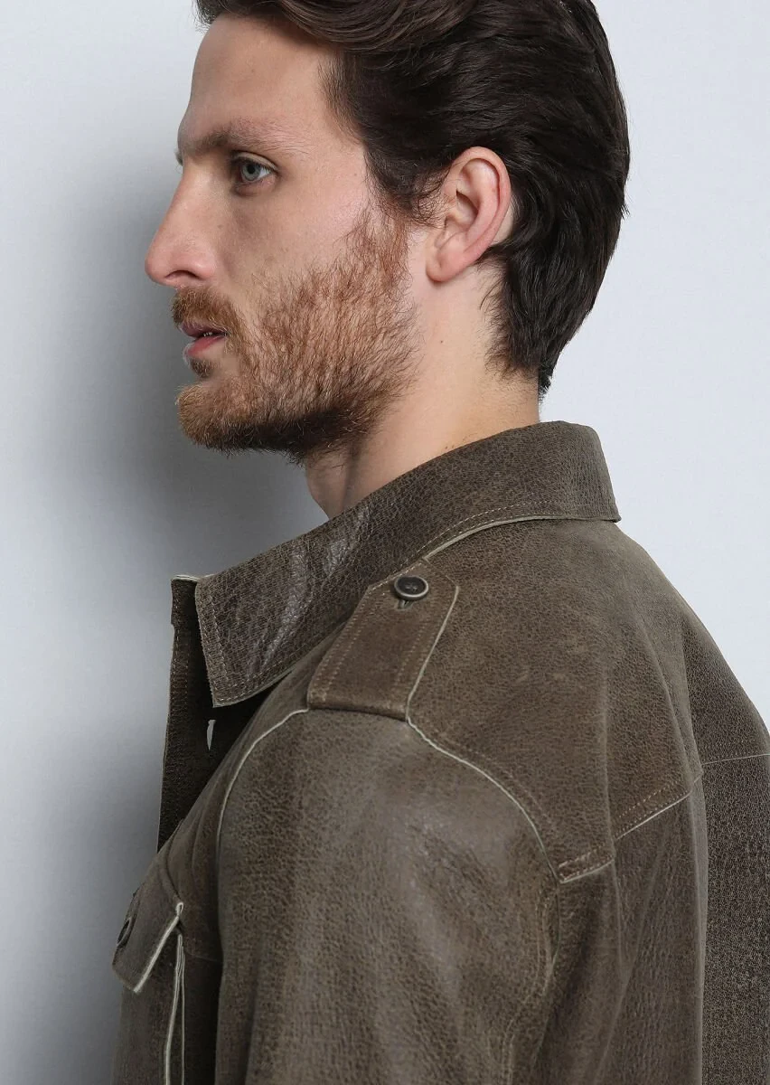 Khaki Leather Leather Coat - 3