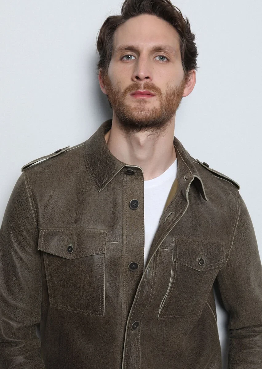 Khaki Leather Leather Coat - 4