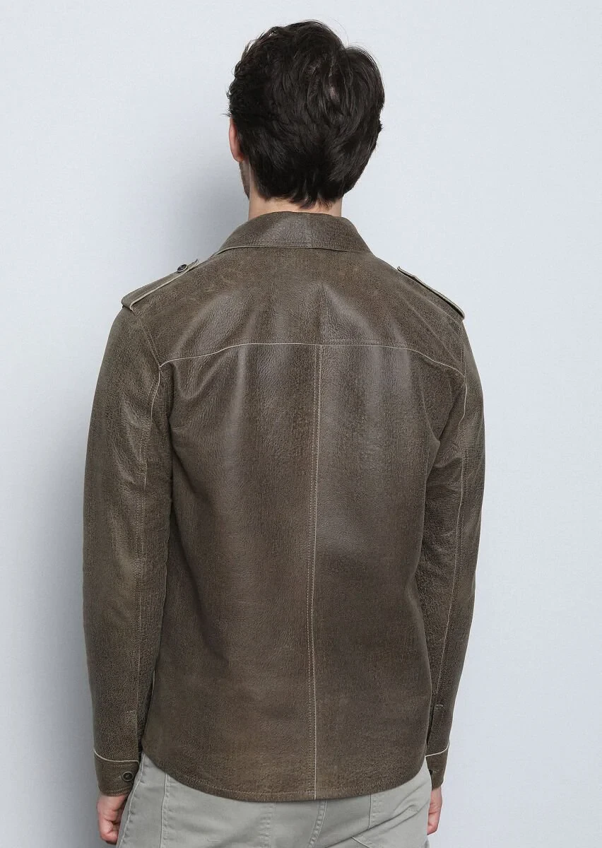 Khaki Leather Leather Coat - 5