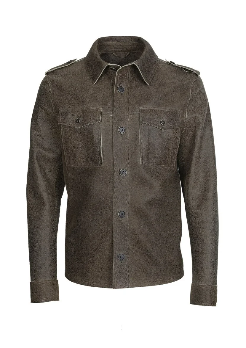 Khaki Leather Leather Coat - 6