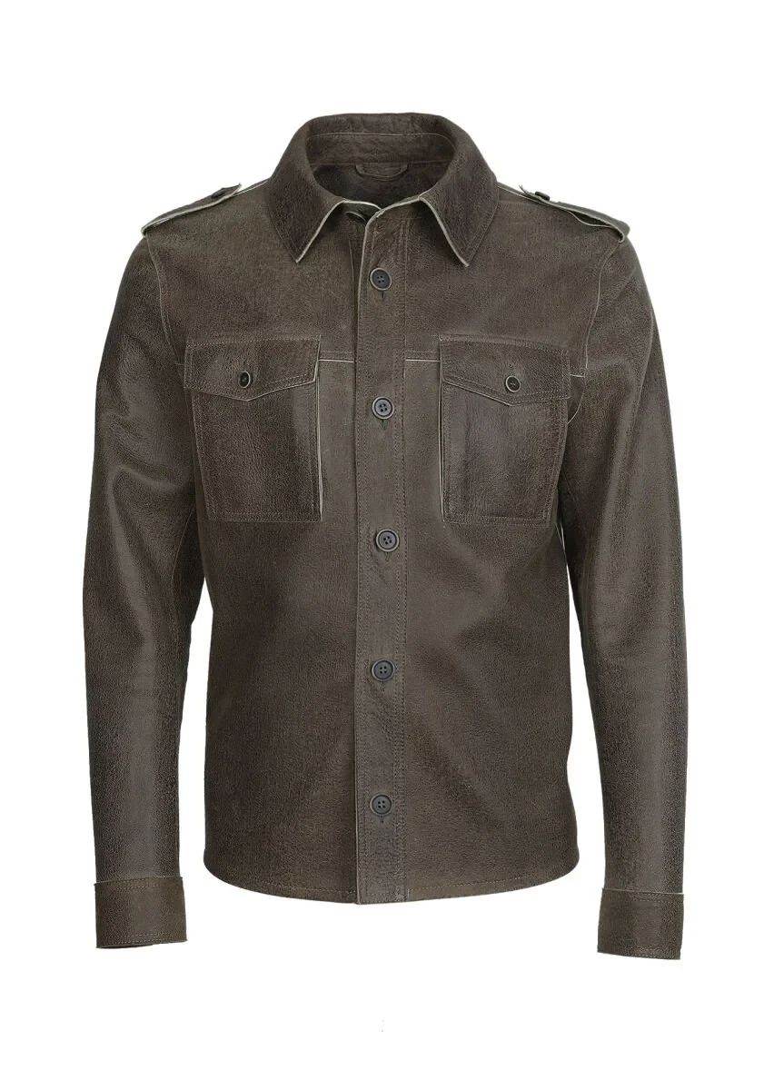 Khaki Leather Leather Coat - 6