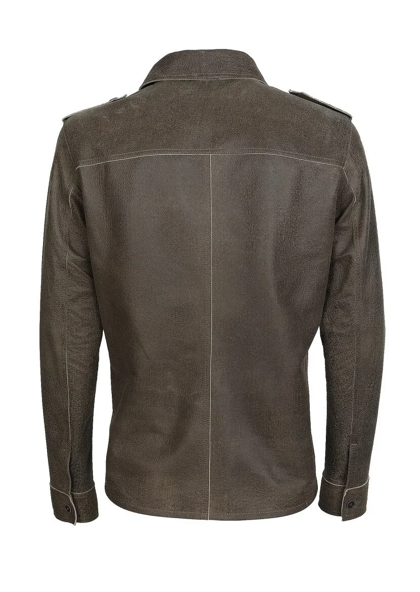 Khaki Leather Leather Coat - 7