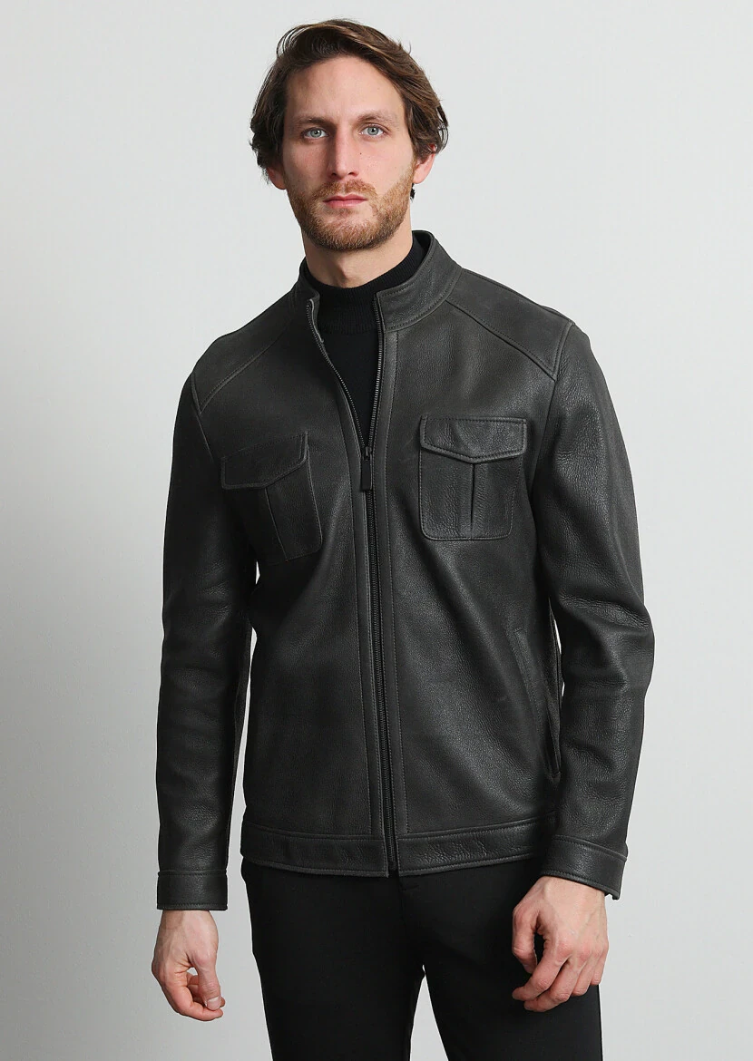 Khaki Leather Leather Coat - 1