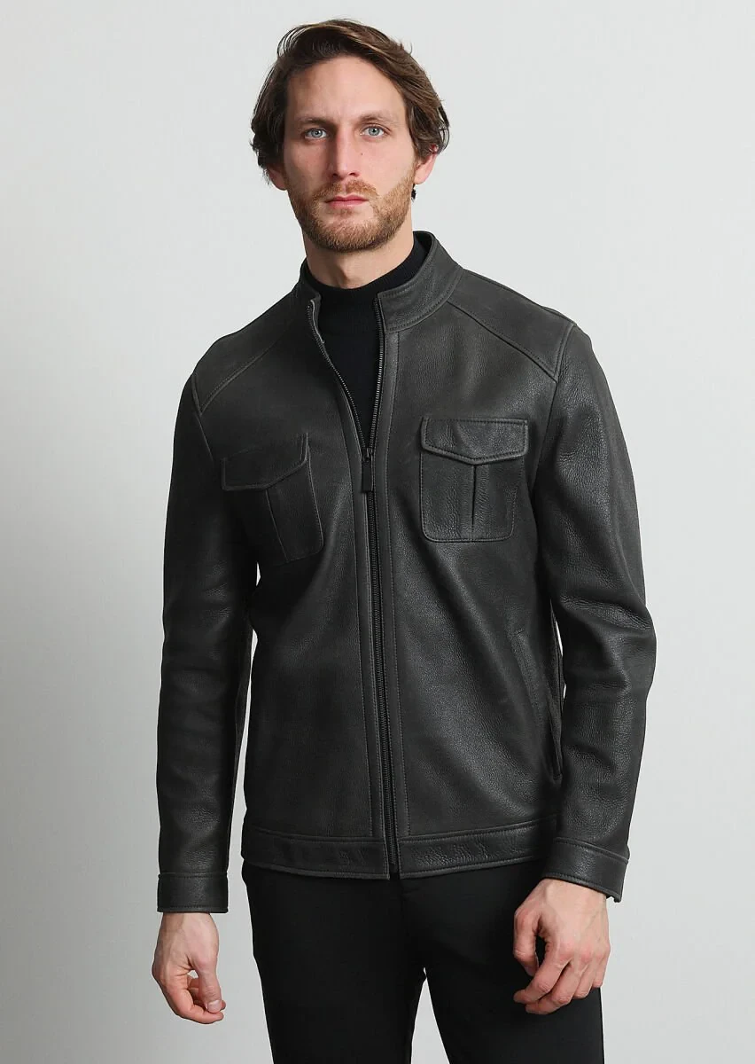 Khaki Leather Leather Coat - 1
