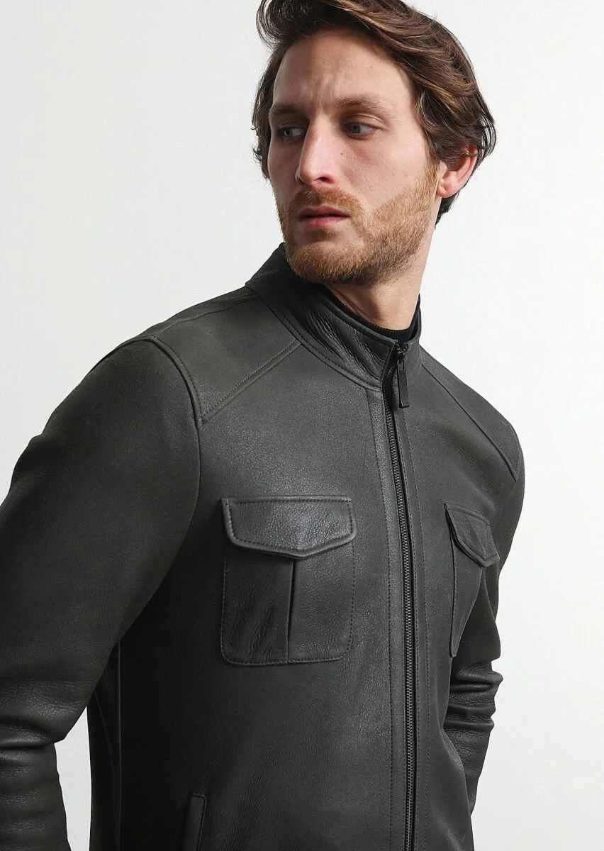 Khaki Leather Leather Coat - 2