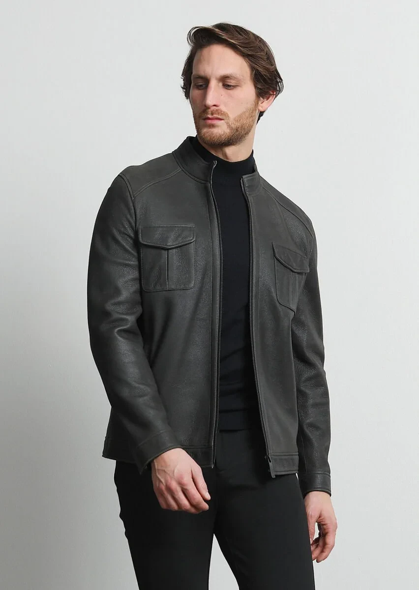 Khaki Leather Leather Coat - 3