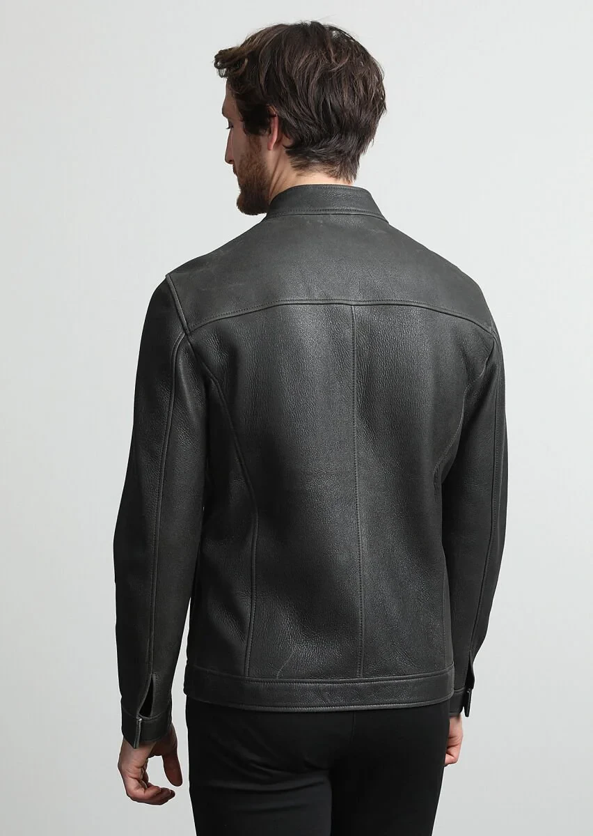 Khaki Leather Leather Coat - 4
