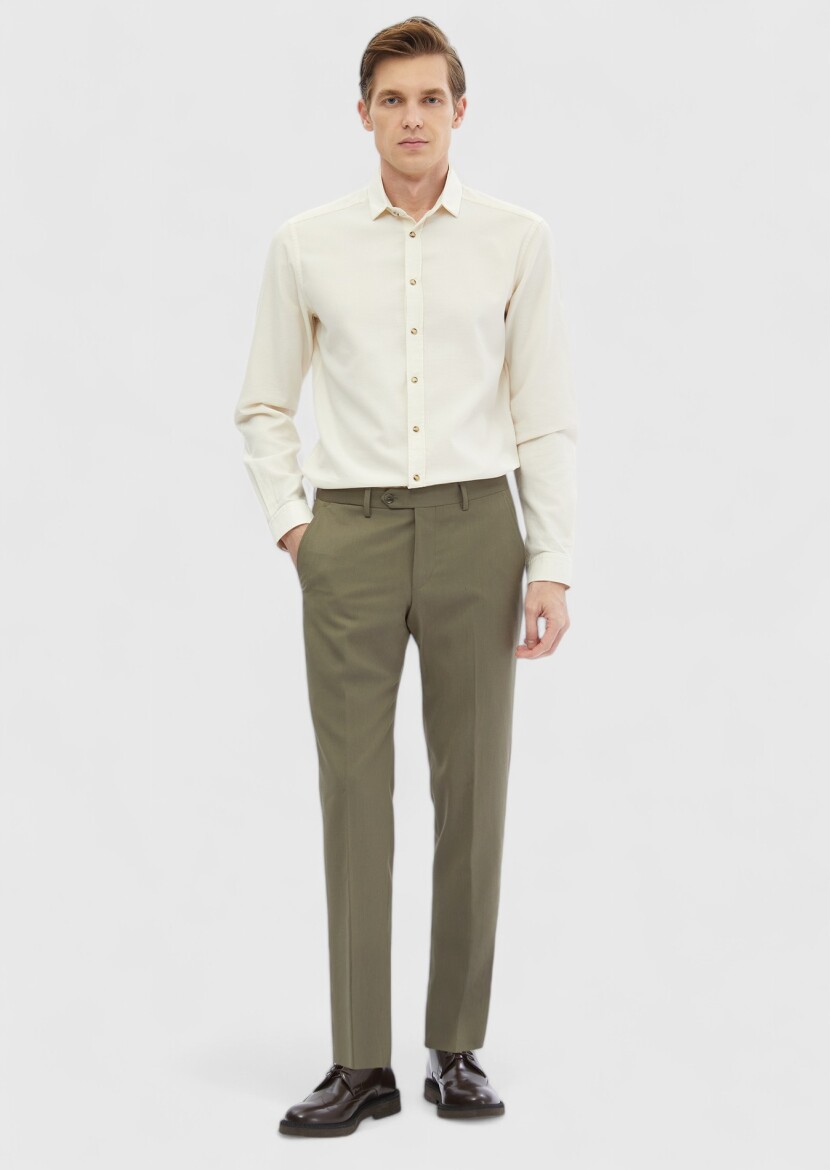 Khaki Material Modern Fit Classical 100% Wool Trousers - 1