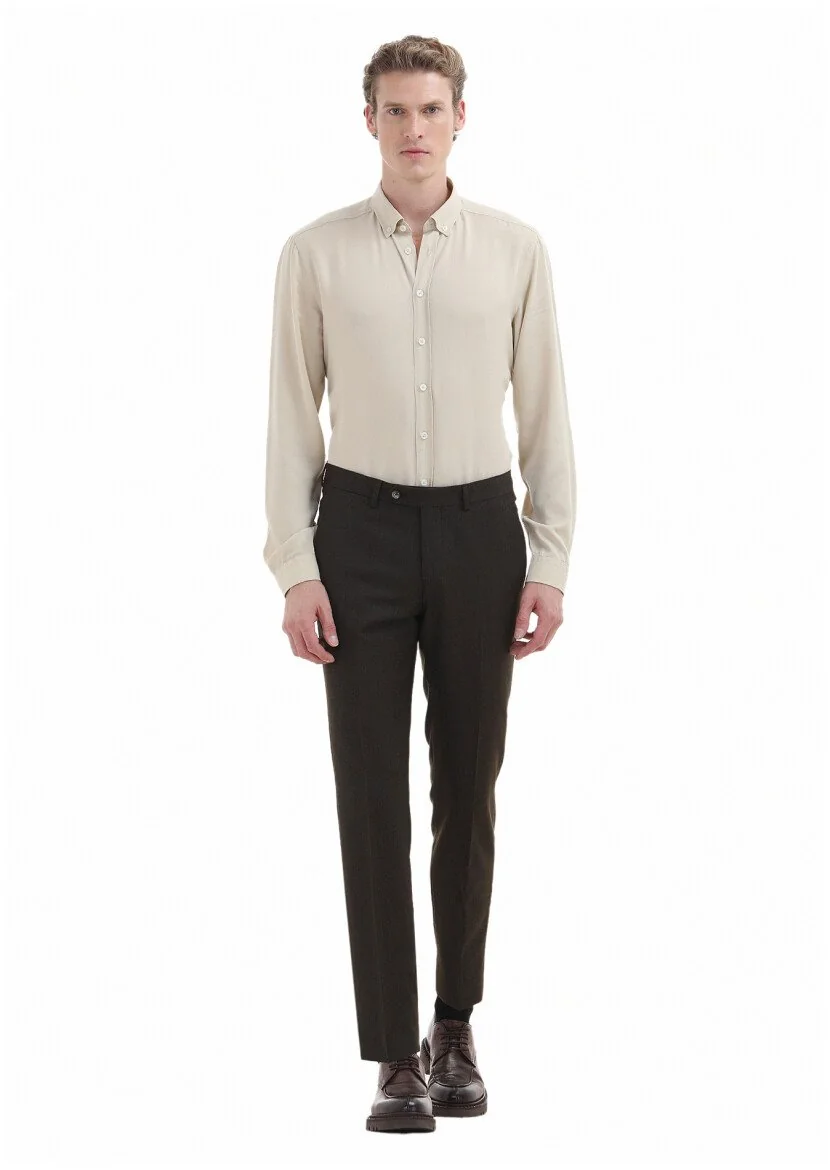 Khaki Material Modern Fit Classical Wool Blended Trousers - 1
