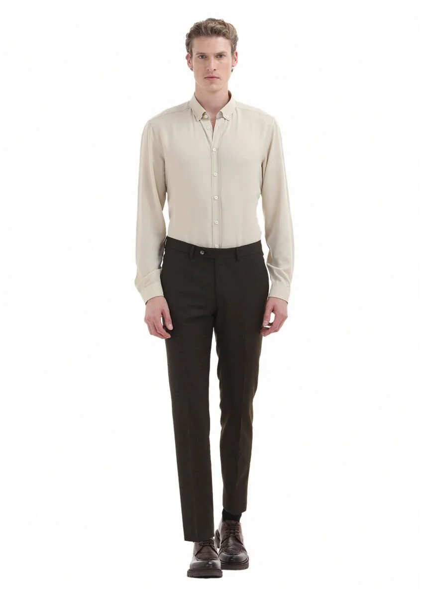 Khaki Material Modern Fit Classical Wool Blended Trousers - 1