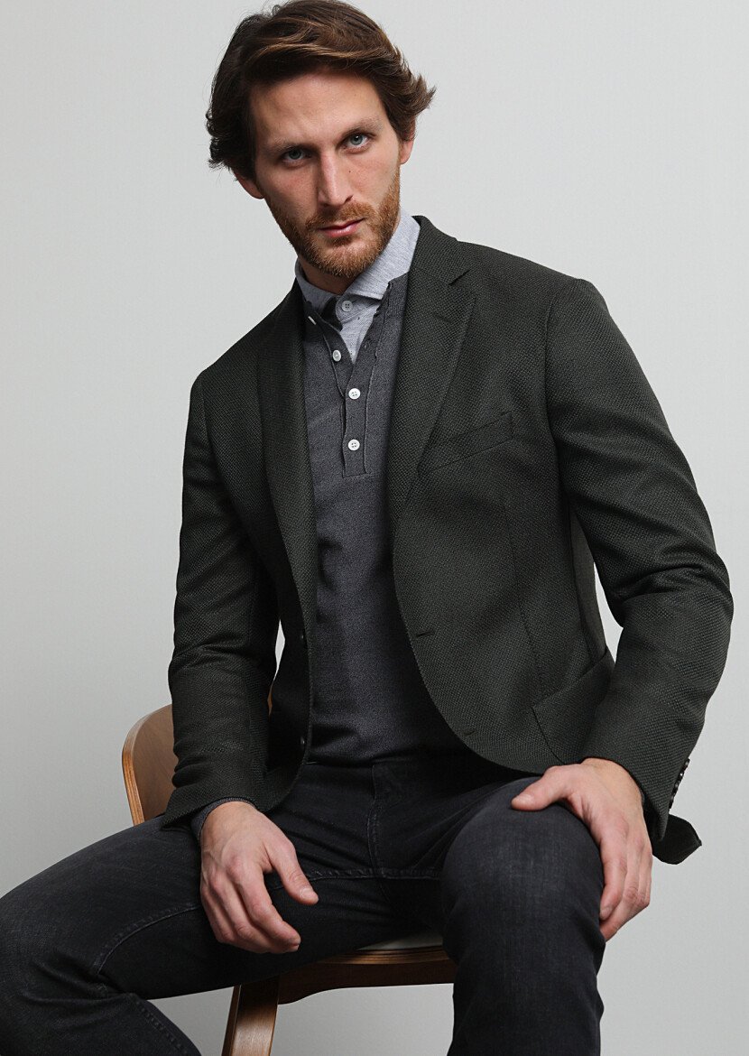 Khaki Micro Comfort Fit Wool Blended Jacket - 1