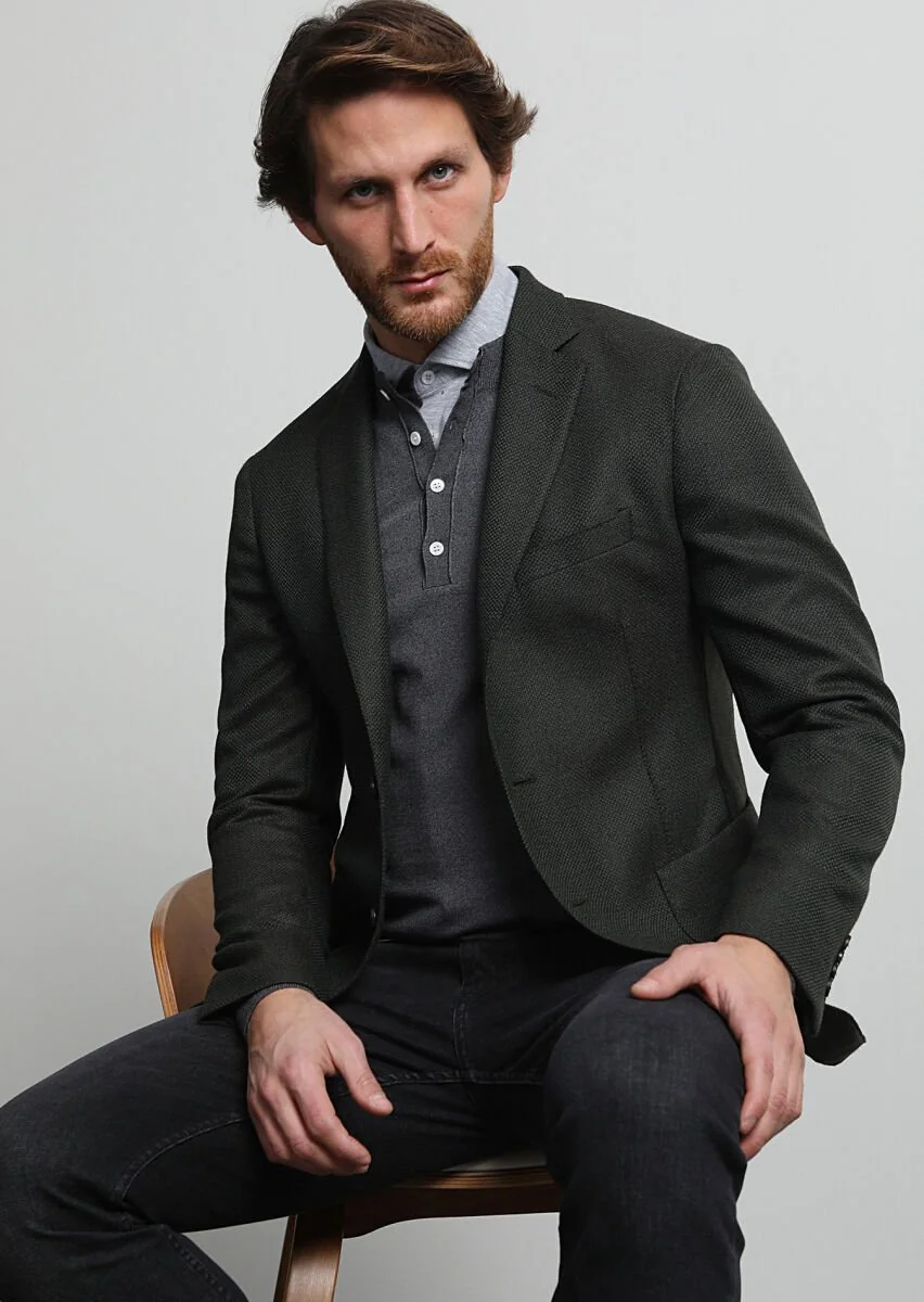 Khaki Micro Comfort Fit Wool Blended Jacket - 1