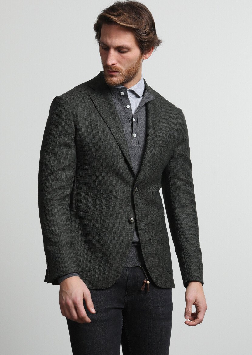 Khaki Micro Comfort Fit Wool Blended Jacket - 3